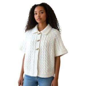 Ivory Cable Knit Cardigan Sweater M Wool Blend Open Side Wood Toggle Portugal